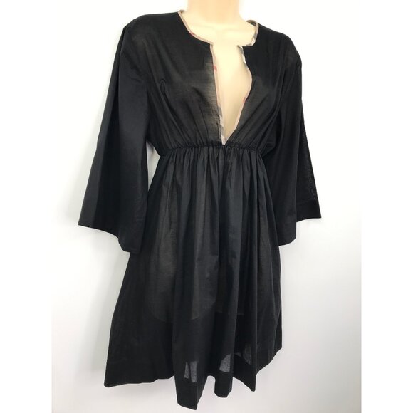 Burberry Babydoll Plaid Trim Deep V-Neck Dress Lightweight Cotton Black Large - Picture 2 of 7